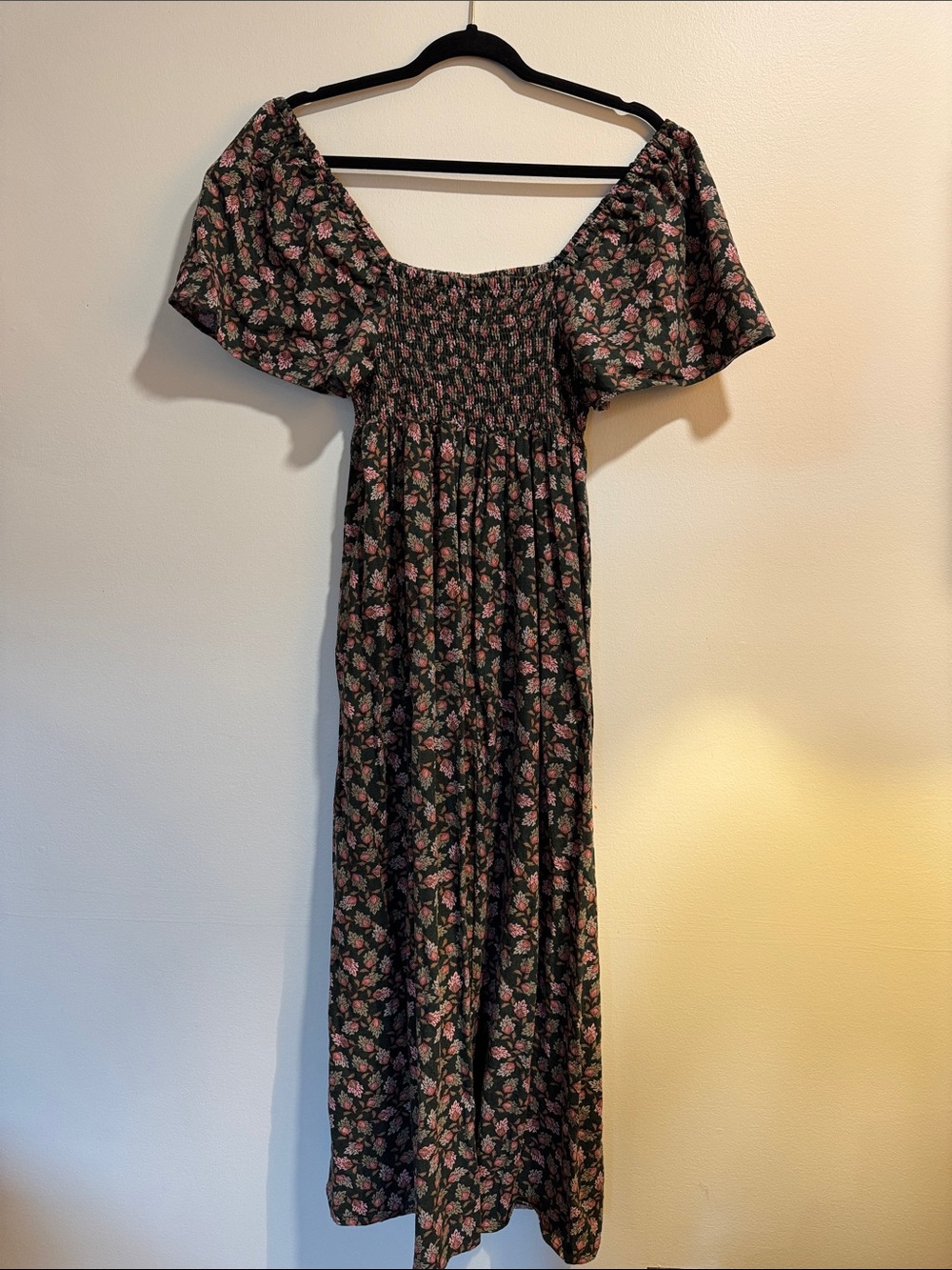 Floral Flutter Sleeve Smocked Maxi Dress in Green with Pink Floral Design
